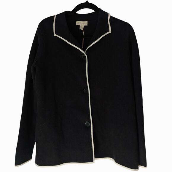 Appleseed’s Black Contrast Trim Cardigan L Button Front Cotton Nylon Sweater - Picture 1 of 8